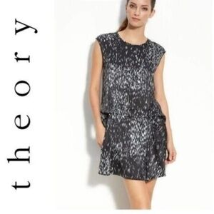 Theory Silk Drop Waist Mini Dress – Size 0, Black w/ Blue & White Print